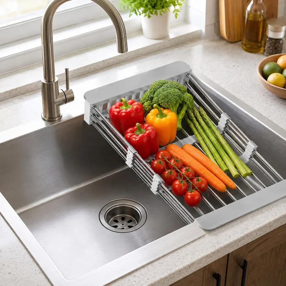 Cheer Collection Stainless Steel Adjustable Over Sink Dish Drying Drain Rack